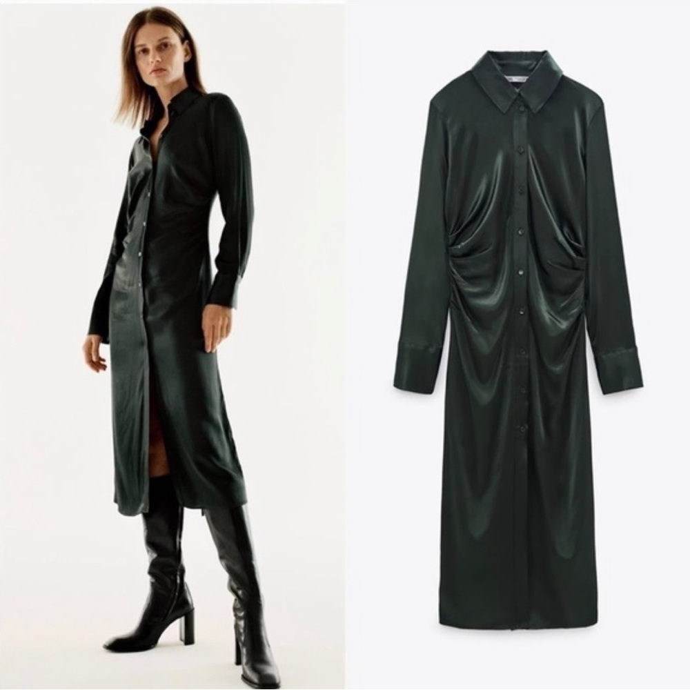 Zara Ruched Satin Effect Button Down Sexy Shirt Dress